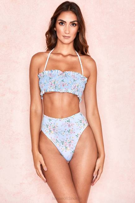 klær perdita blått floral print rynket bikini House of CB J6RL1246