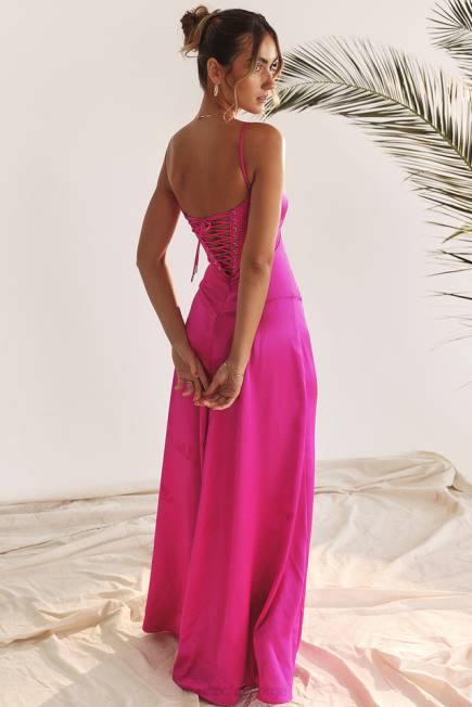 klær anabella fuchsia maxi kjole med blonder House of CB J6RL199