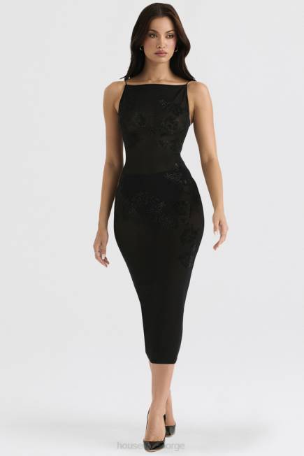 klær amirah sort mesh krystallpyntet midikjole House of CB J6RL367
