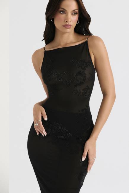 klær amirah sort mesh krystallpyntet midikjole House of CB J6RL367