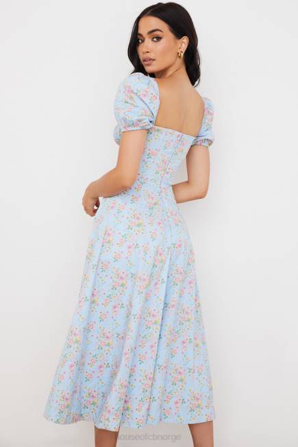 klær tallulah blå vintage floral midikjole med puffermer House of CB J6RL572