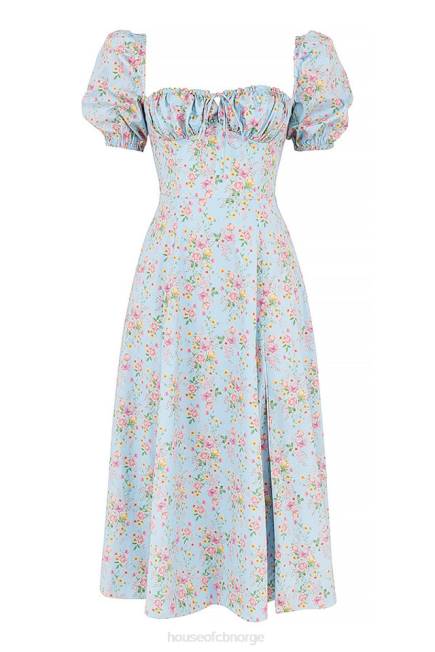 klær tallulah blå vintage floral midikjole med puffermer House of CB J6RL572