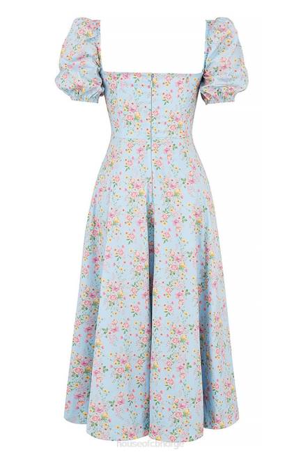 klær tallulah blå vintage floral midikjole med puffermer House of CB J6RL572