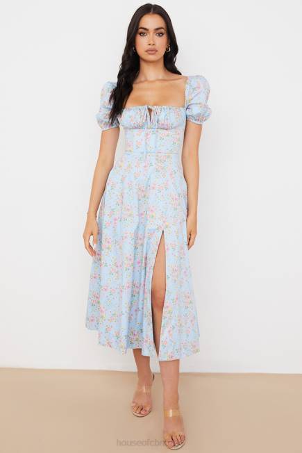klær tallulah blå vintage floral midikjole med puffermer House of CB J6RL572