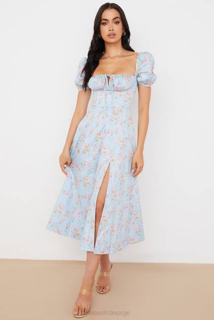 klær tallulah blå vintage floral midikjole med puffermer House of CB J6RL572