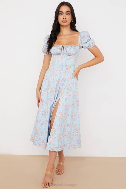klær tallulah blå vintage floral midikjole med puffermer House of CB J6RL572