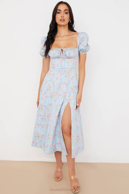 klær tallulah blå vintage floral midikjole med puffermer House of CB J6RL572