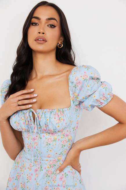 klær tallulah blå vintage floral midikjole med puffermer House of CB J6RL572