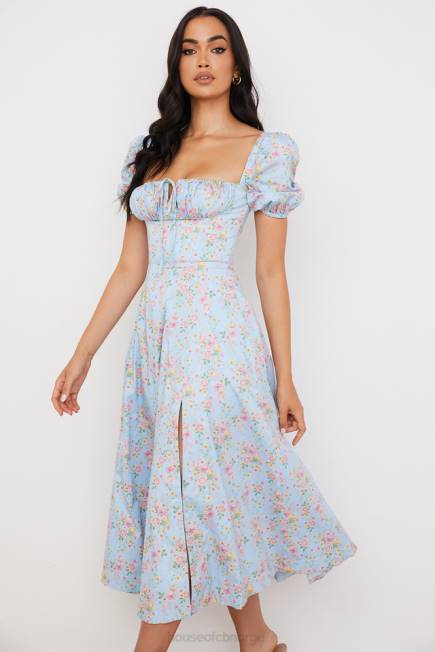 klær tallulah blå vintage floral midikjole med puffermer House of CB J6RL572