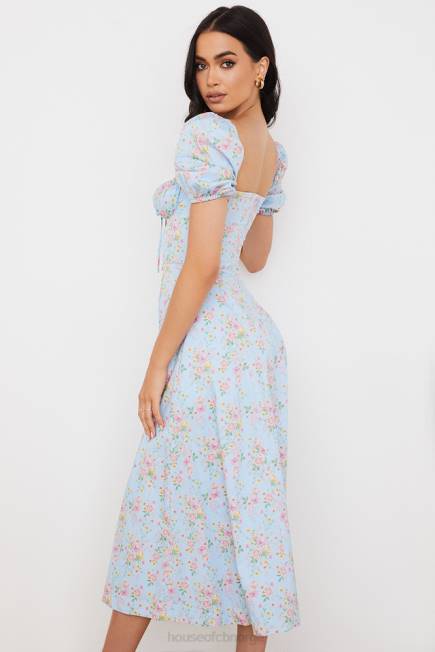 klær tallulah blå vintage floral midikjole med puffermer House of CB J6RL572