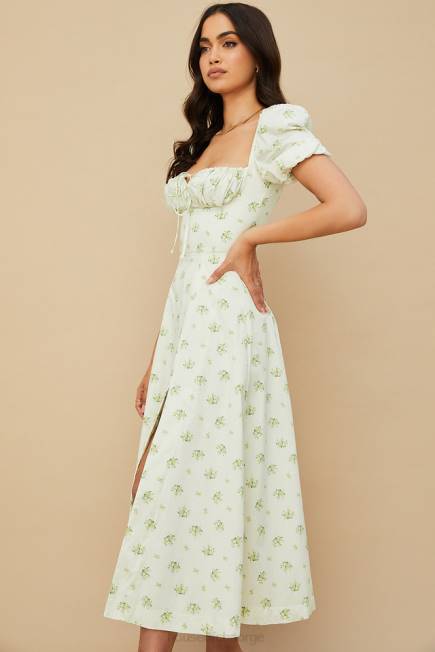 klær tallulah elfenbensblomstret midikjole med puffermer House of CB J6RL561