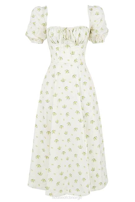 klær tallulah elfenbensblomstret midikjole med puffermer House of CB J6RL561