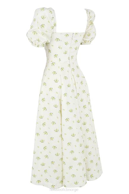 klær tallulah elfenbensblomstret midikjole med puffermer House of CB J6RL561