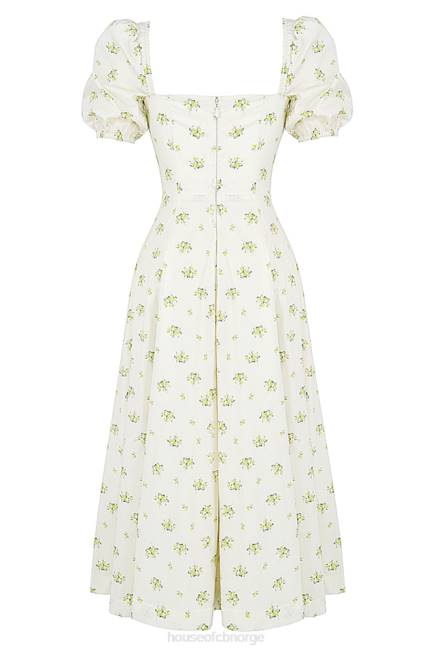 klær tallulah elfenbensblomstret midikjole med puffermer House of CB J6RL561