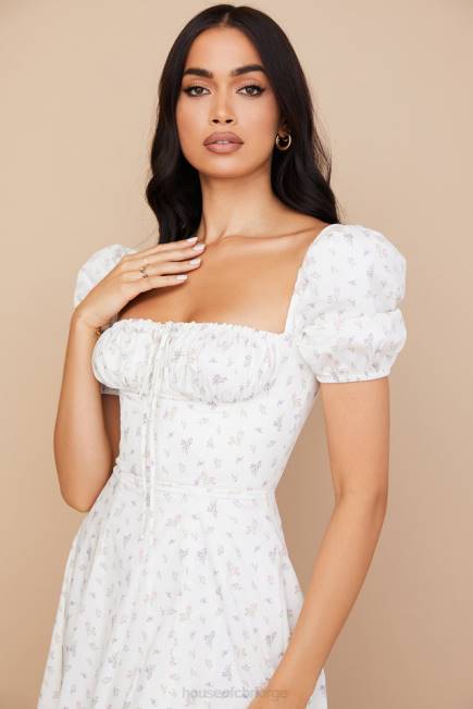 klær tallulah hvit floral midikjole med puffermer House of CB J6RL571