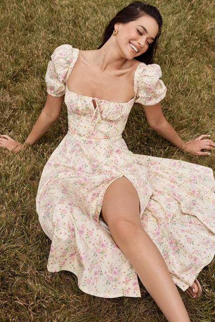 klær tallulah sitron floral puff sleeve midi sundress House of CB J6RL617