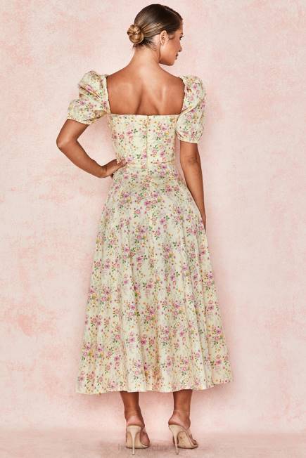 klær tallulah sitron floral puff sleeve midi sundress House of CB J6RL617