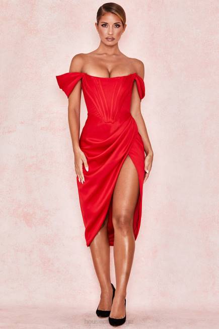 klær loretta rød sateng off shoulder kjole House of CB J6RL630