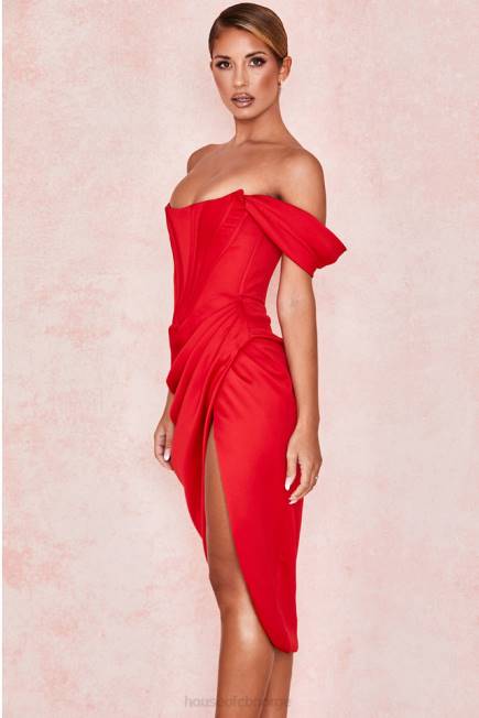 klær loretta rød sateng off shoulder kjole House of CB J6RL630