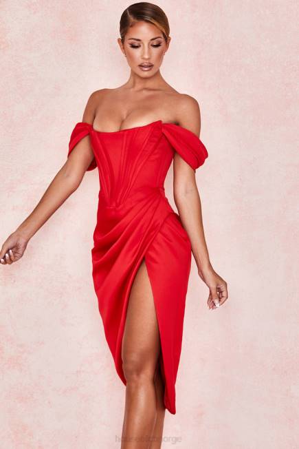 klær loretta rød sateng off shoulder kjole House of CB J6RL630