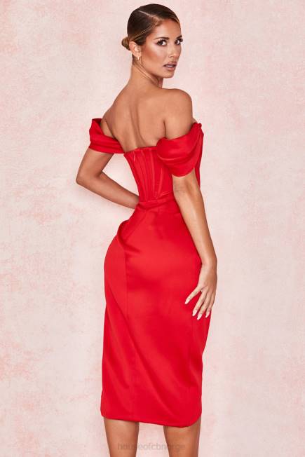 klær loretta rød sateng off shoulder kjole House of CB J6RL630