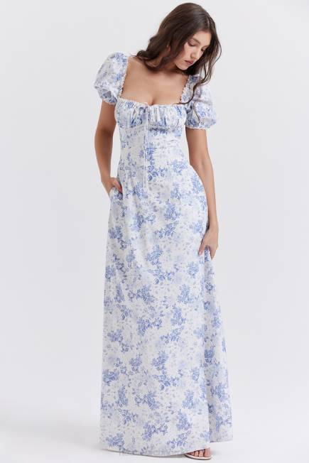 klær felizia sundress med blått trykk med puffermer House of CB J6RL256