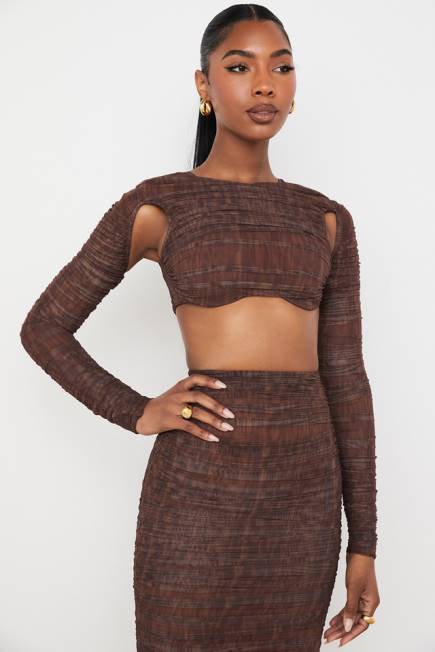 klær blythe sjokoladetrykk ruched mesh cutout cropped top House of CB J6RL755