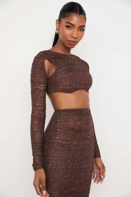 klær blythe sjokoladetrykk ruched mesh cutout cropped top House of CB J6RL755