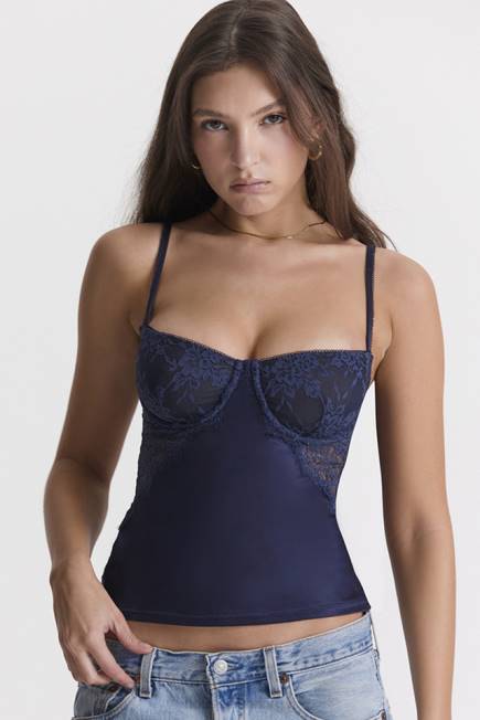 klær cecilie navy cami-topp i sateng og blonder House of CB J6RL680