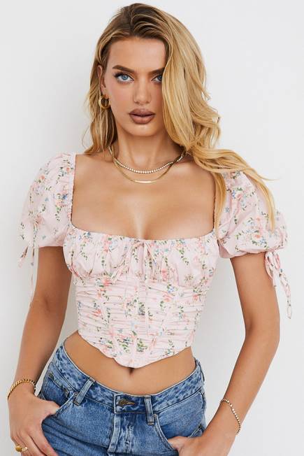 klær gracie rosa floral puff sleeve korsett topp House of CB J6RL743