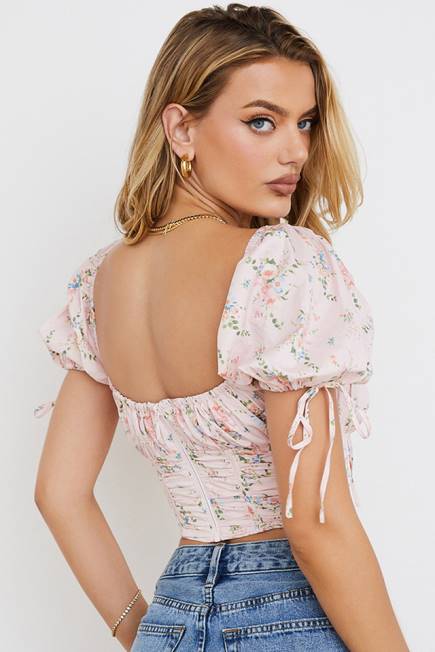 klær gracie rosa floral puff sleeve korsett topp House of CB J6RL743