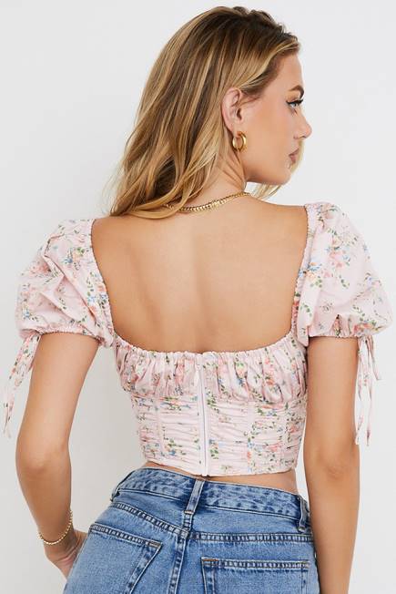 klær gracie rosa floral puff sleeve korsett topp House of CB J6RL743