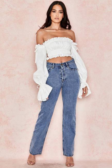 klær tula hvit rynket off shoulder topp House of CB J6RL808