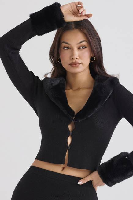 klær blanche cardigan i sort fuskepels House of CB J6RL693