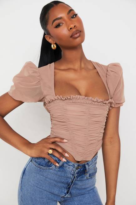 klær nora tan mesh puff sleeve rynket korsett House of CB J6RL90