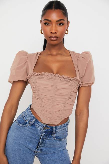 klær nora tan mesh puff sleeve rynket korsett House of CB J6RL90