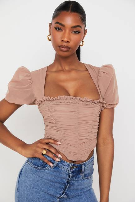 klær nora tan mesh puff sleeve rynket korsett House of CB J6RL90