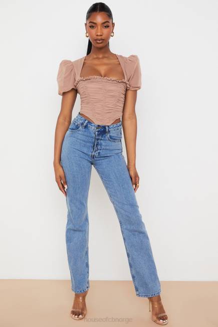 klær nora tan mesh puff sleeve rynket korsett House of CB J6RL90