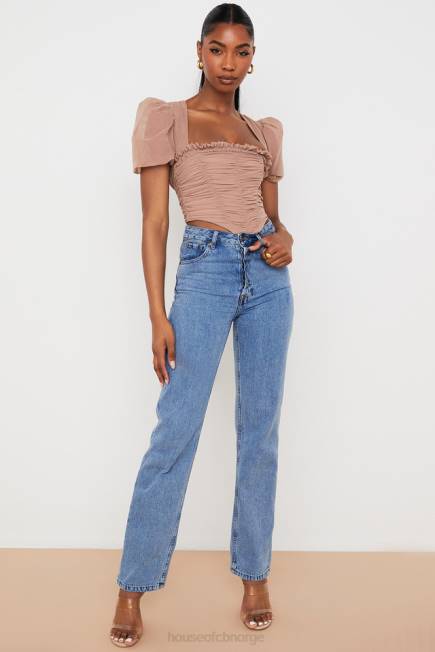 klær nora tan mesh puff sleeve rynket korsett House of CB J6RL90
