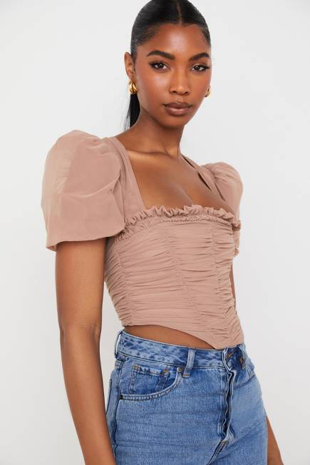 klær nora tan mesh puff sleeve rynket korsett House of CB J6RL90