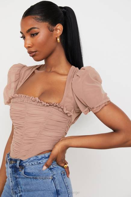 klær nora tan mesh puff sleeve rynket korsett House of CB J6RL90