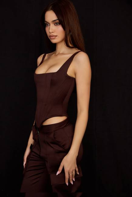klær rafa chocolate satin longline korsett House of CB J6RL61