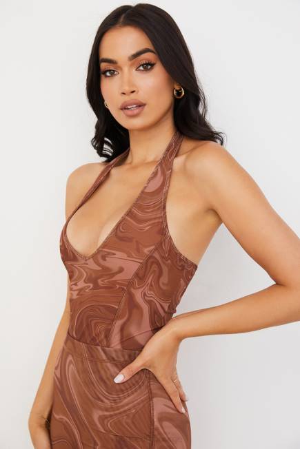 klær sabine kakao swirl print grime bodysuit House of CB J6RL752