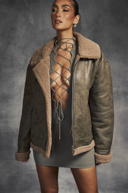 klær madden army grønn vegansk shearling aviator jakke House of CB J6RL1038